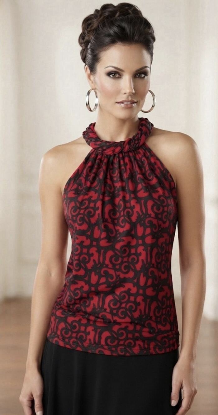 Signature By Larry Levine Red/Black Abstract Sleeveless Cowl Neck Blouse XL